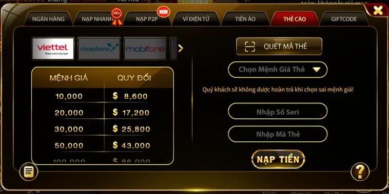Nạp tiền bằng thẻ cào an toàn bảo mật  - tiện lợi thu hút người chơi.